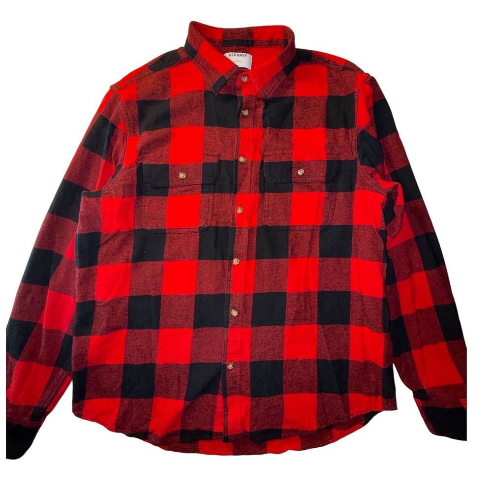 Old Navy Mens Red Black Buffalo Plaid Double Brushed Flannel Shirt Large 0979